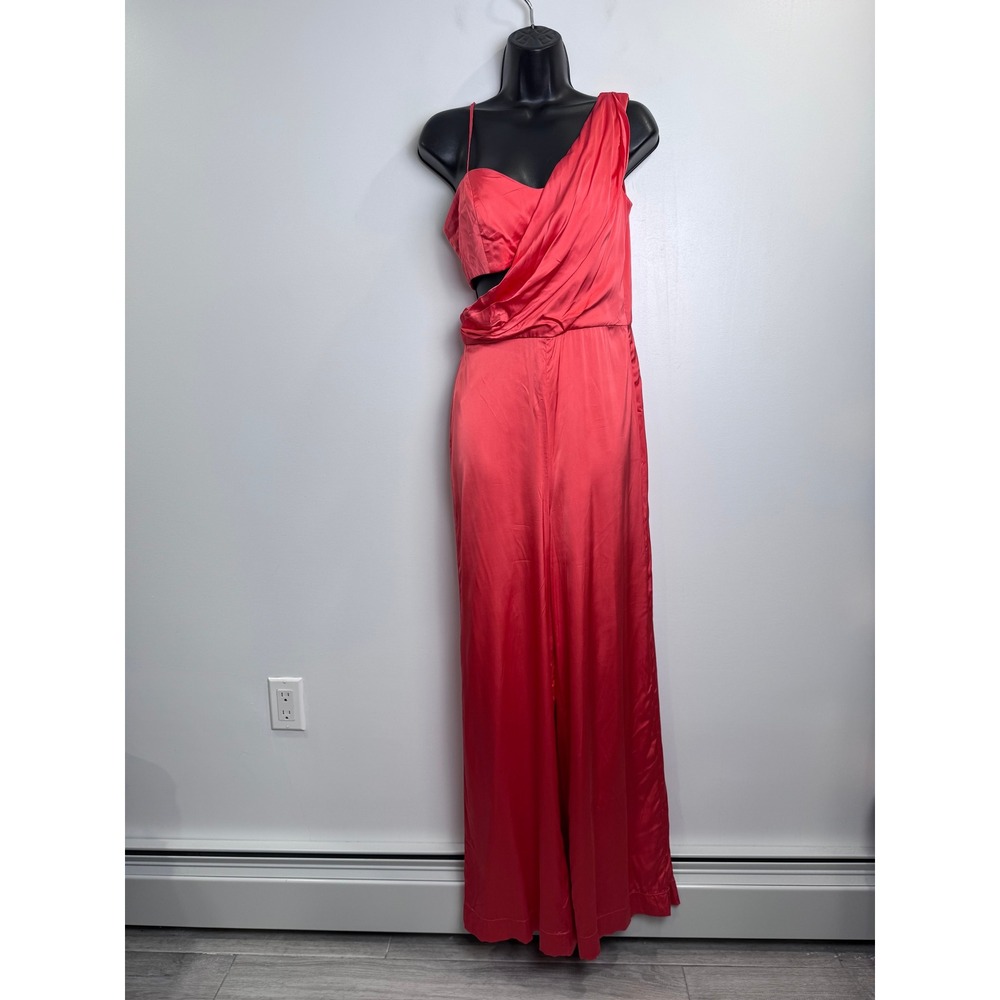 AMUR Blynn Drape Jumpsuit Coral Pink One Shoulder Cutout Draped Wide Leg Size 6
